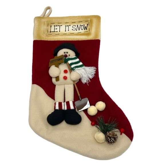 Let It Snow Holiday Snowman Christmas Stocking In Off White And Red - Picture 12 of 12